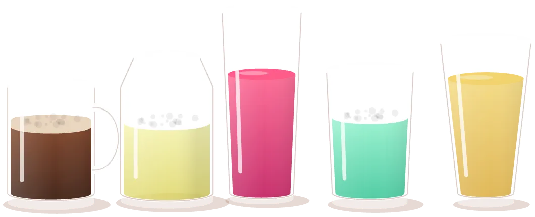 A row of drinks: cola in a mug, lemonade in a jar, berry juice, mint soda and apple juice