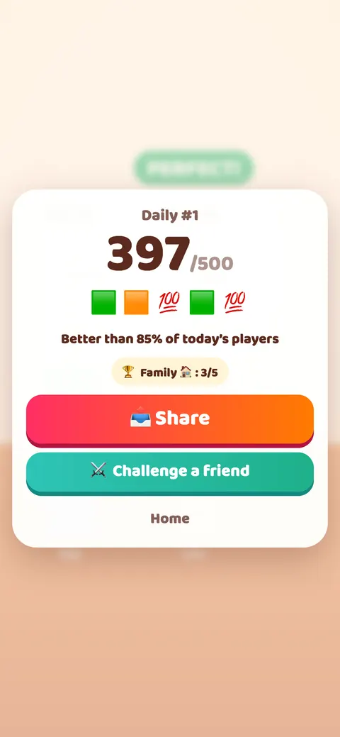 Daily 5 result screen: 373 out of 500, with a share button